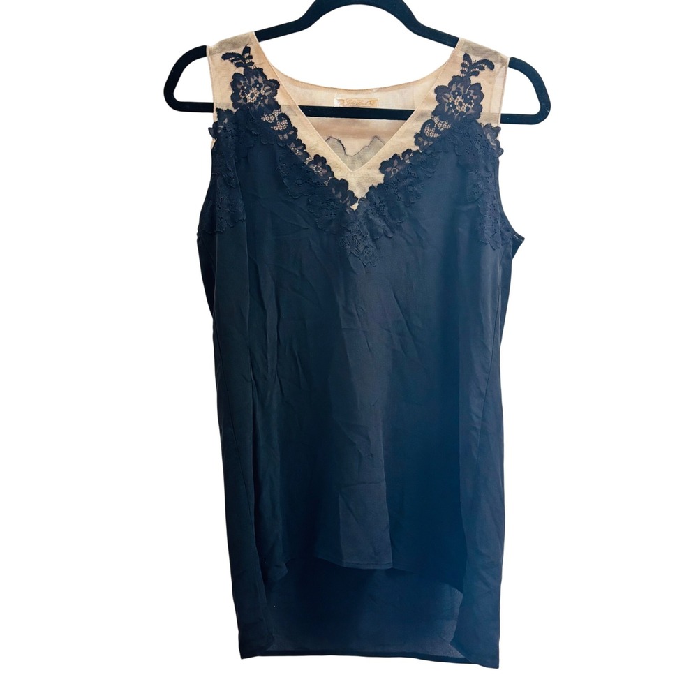 Gold Hawk Black Silk Lace Trim Mesh Yoke Camisole Tank Top Small
